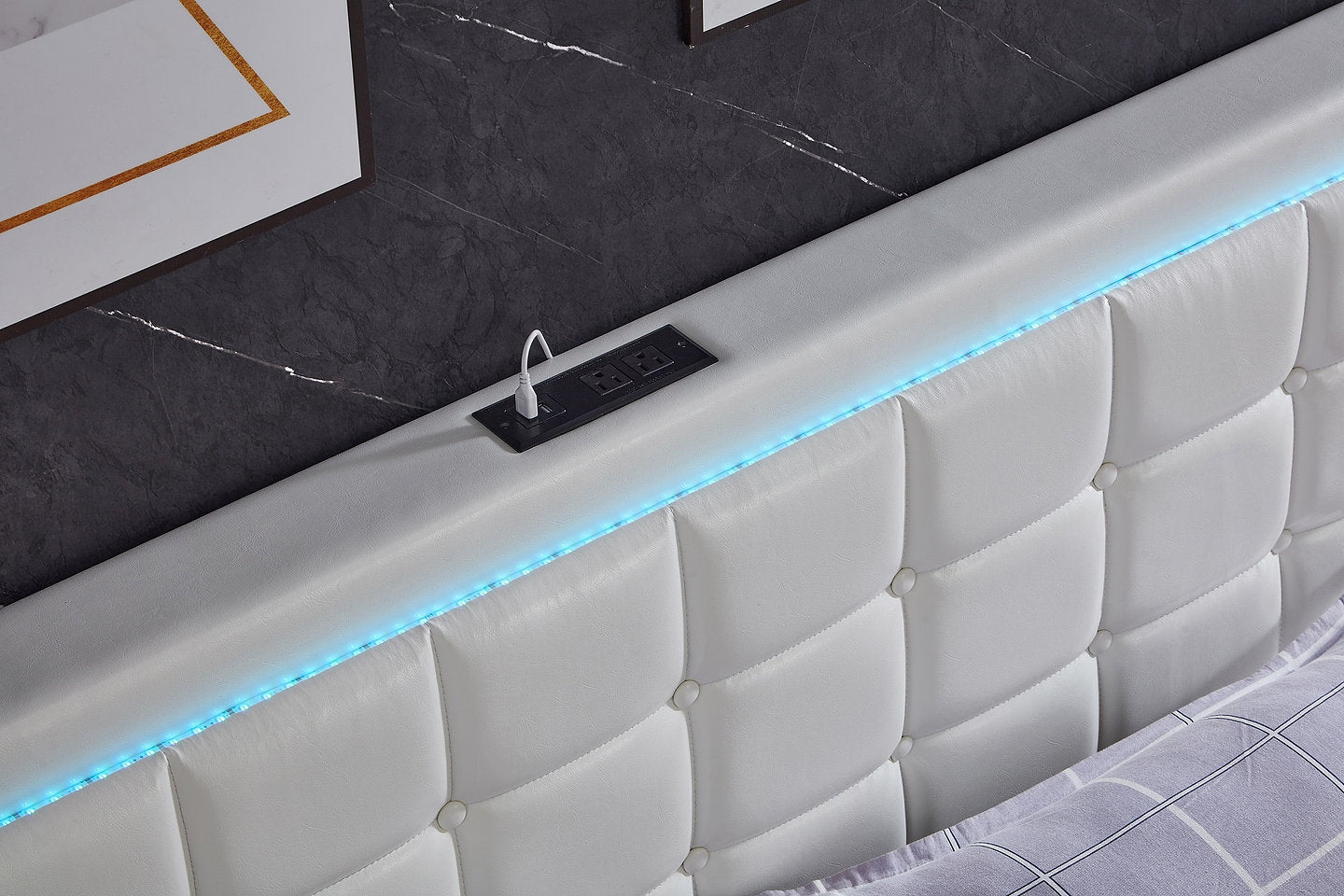 LED Upholstered bed with Charging and 4 Storage Drawers, White
