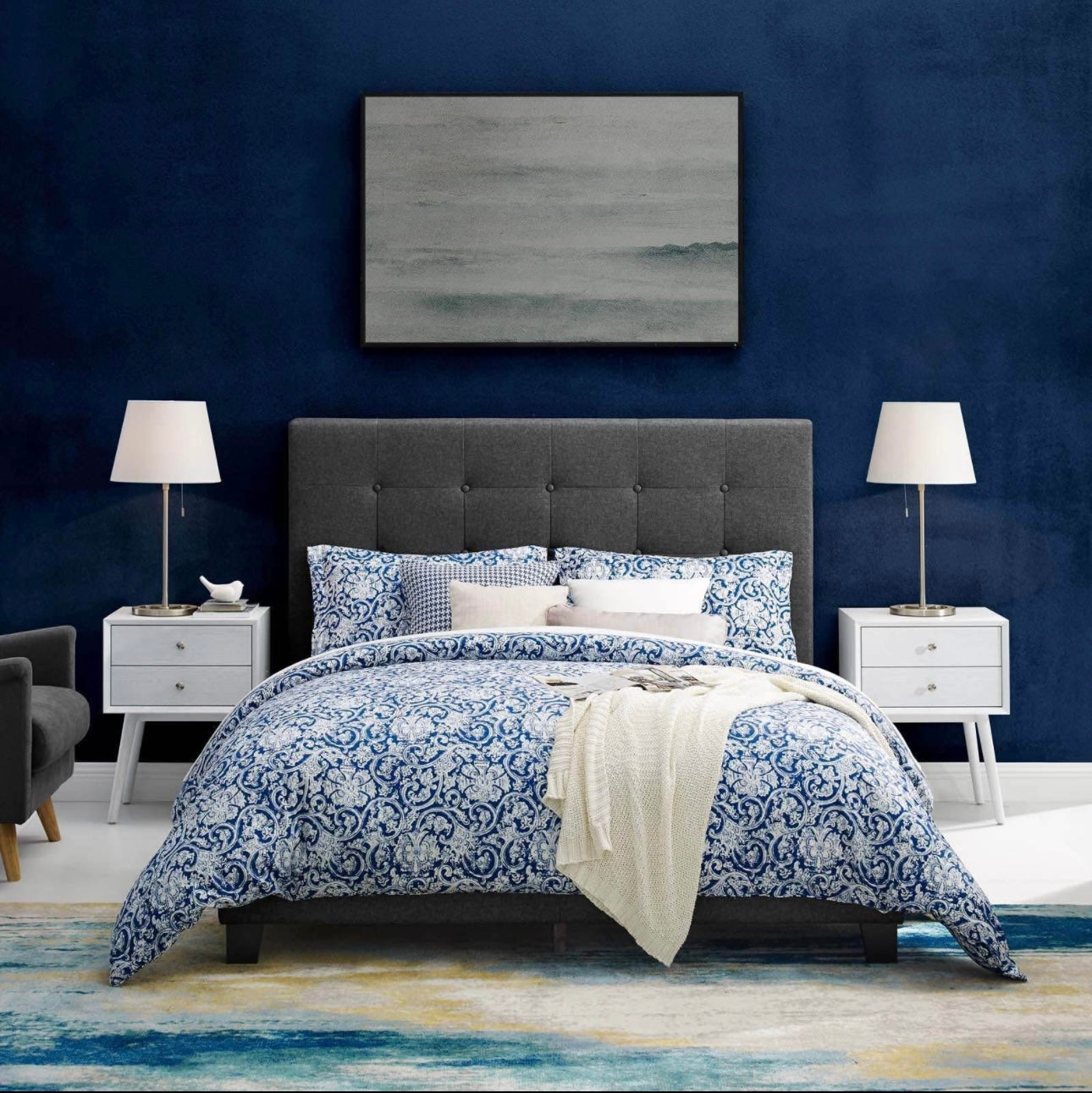Grey Velvet Tufted Upholstered Platform Bed