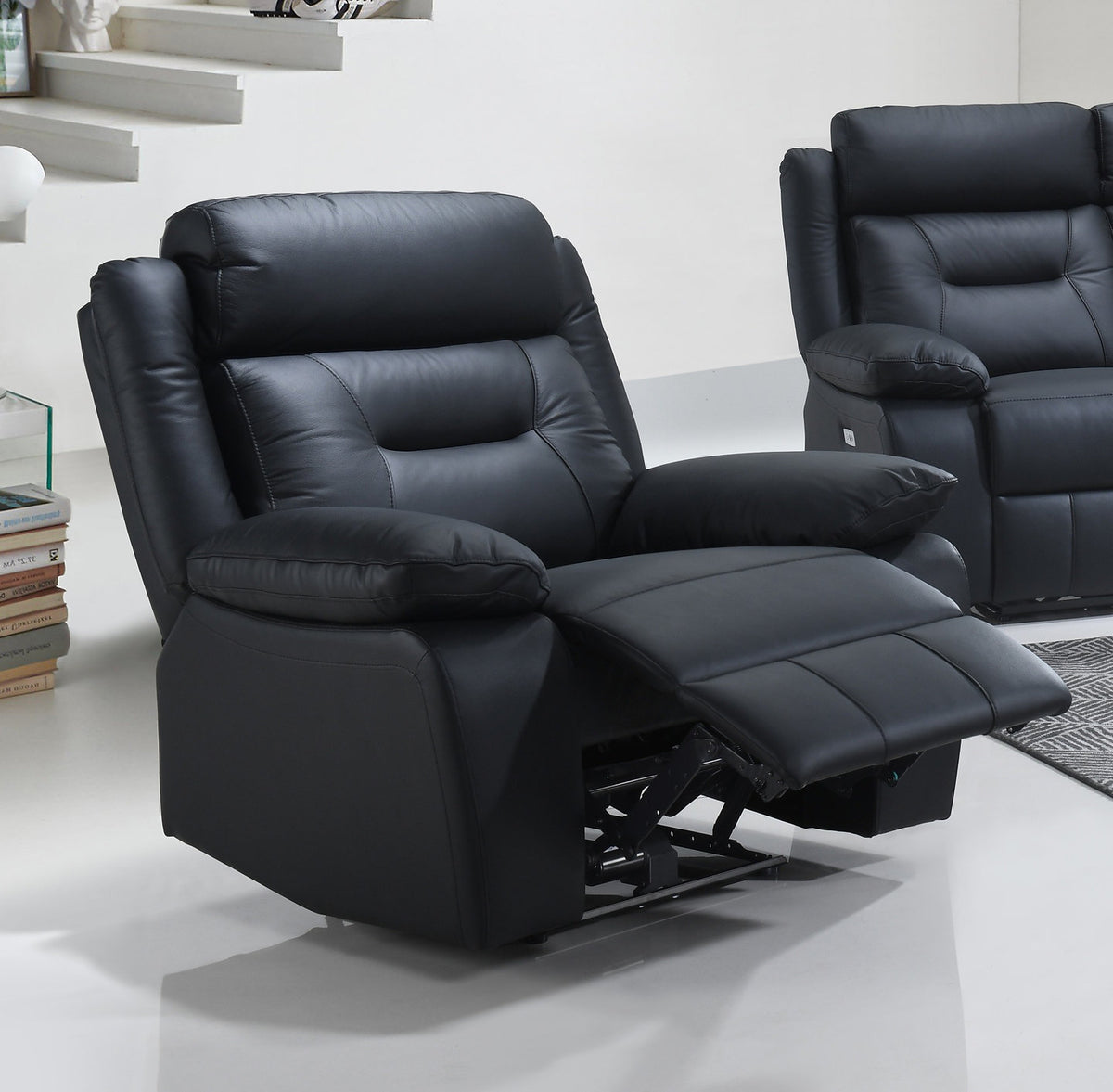 Genuine Leather Power Recliner with Charging Station, Black