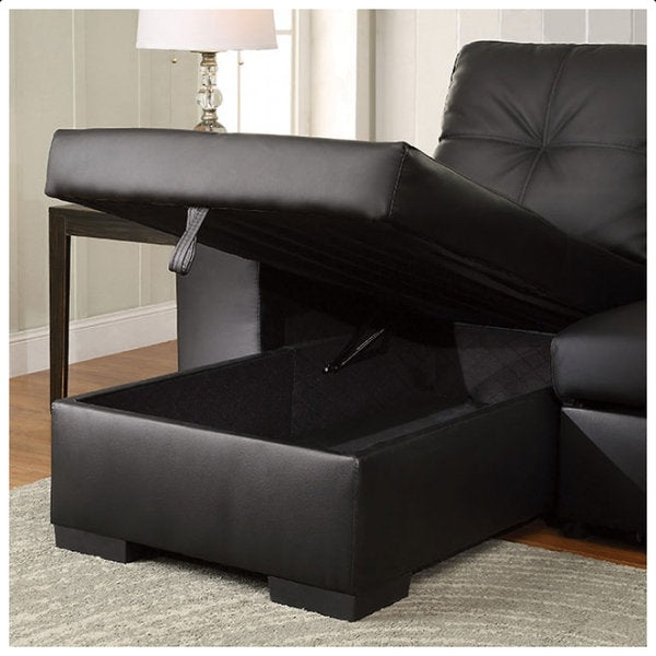 Black PU Sectional Sofa Bed, Reversible Chaise