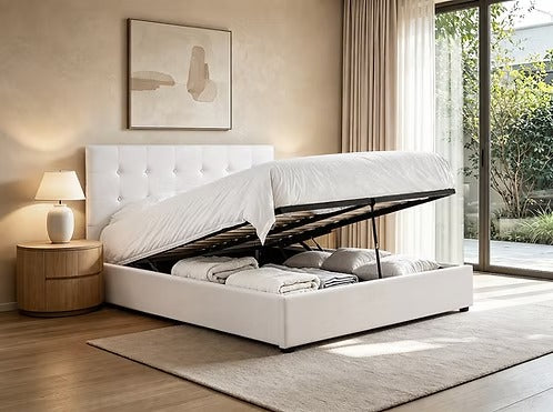 Contemporary Hydraulic Storage Bed with Tufted Headboard,Cream