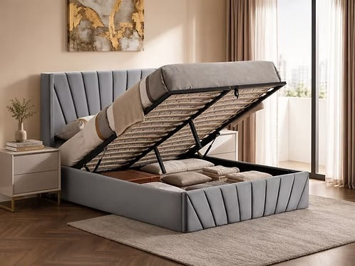 51” Wingback Headboard Fan Tufted Lift Up Storage Bed