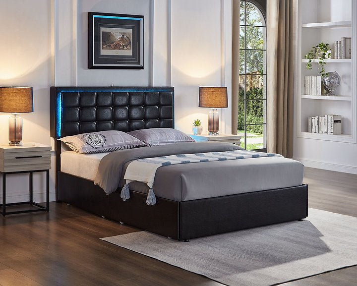 Vegan Leather Upholstered with LED, Charging Station and 4 Drawers