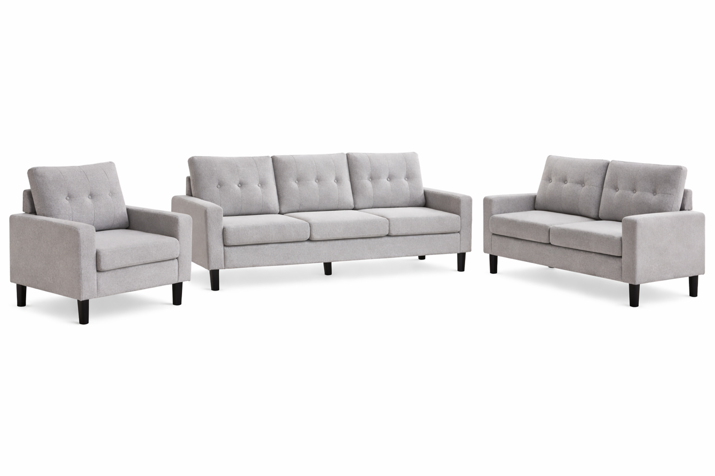Modern Grey Fabric Sofa Set – Sofa, Loveseat & Chair | Button Tufted Living Room Set