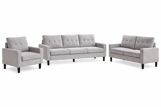 Modern Grey Fabric Sofa Set – Sofa, Loveseat & Chair | Button Tufted Living Room Set