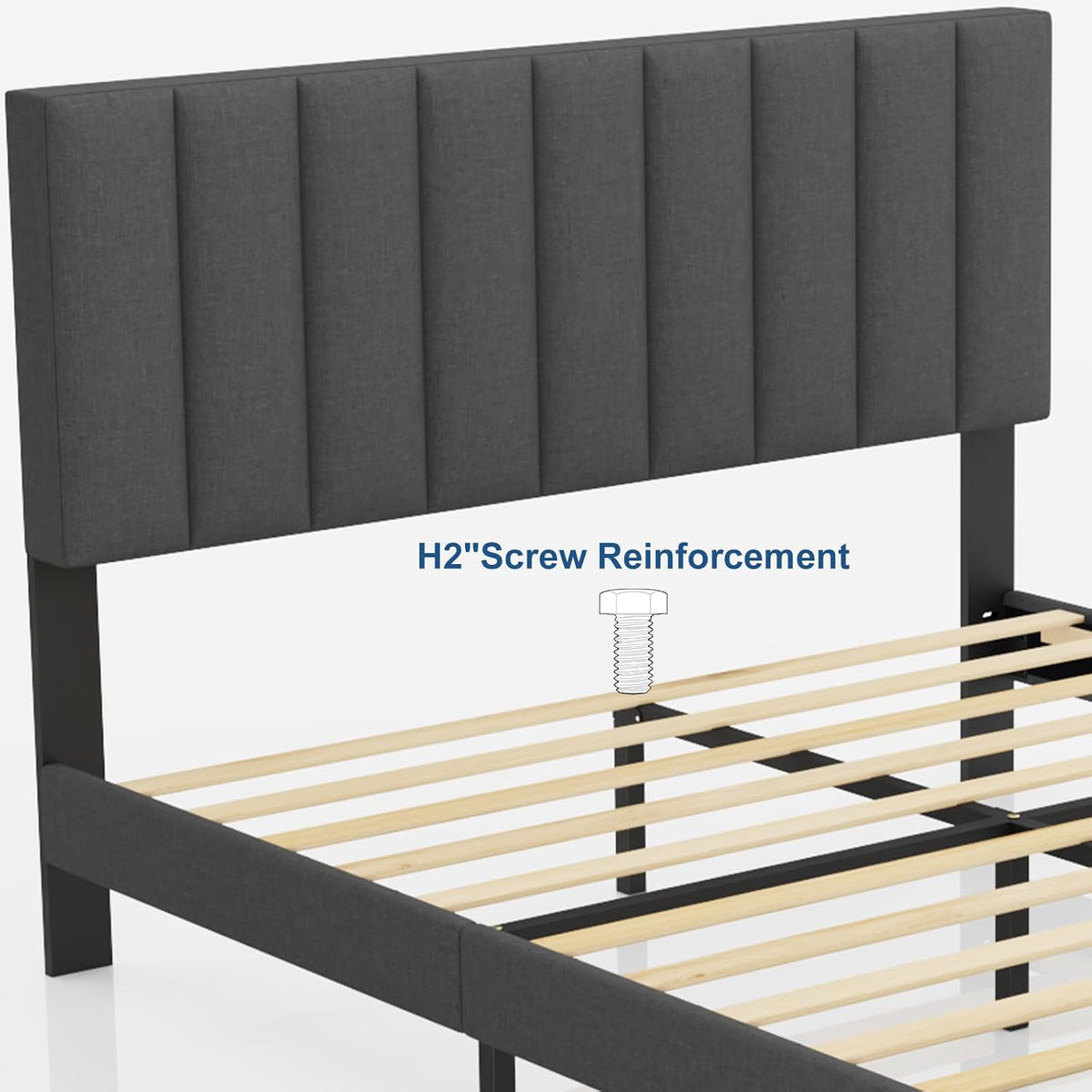 Vertical-Tufted Fabric Upholstered Platform Bed, Grey