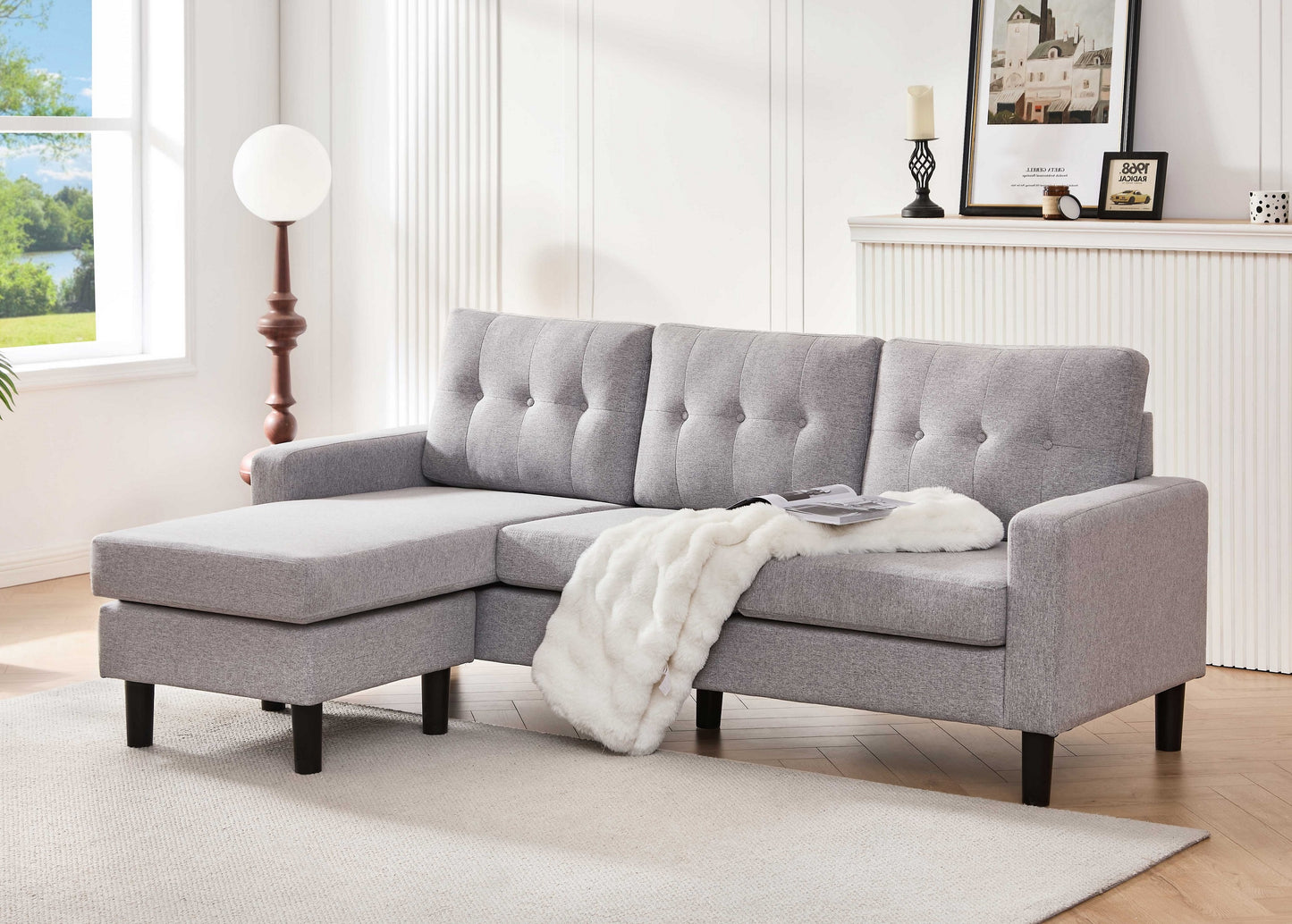 Modern Grey Reversible Sectional Sofa with Chaise – Button Tufted Fabric Couch