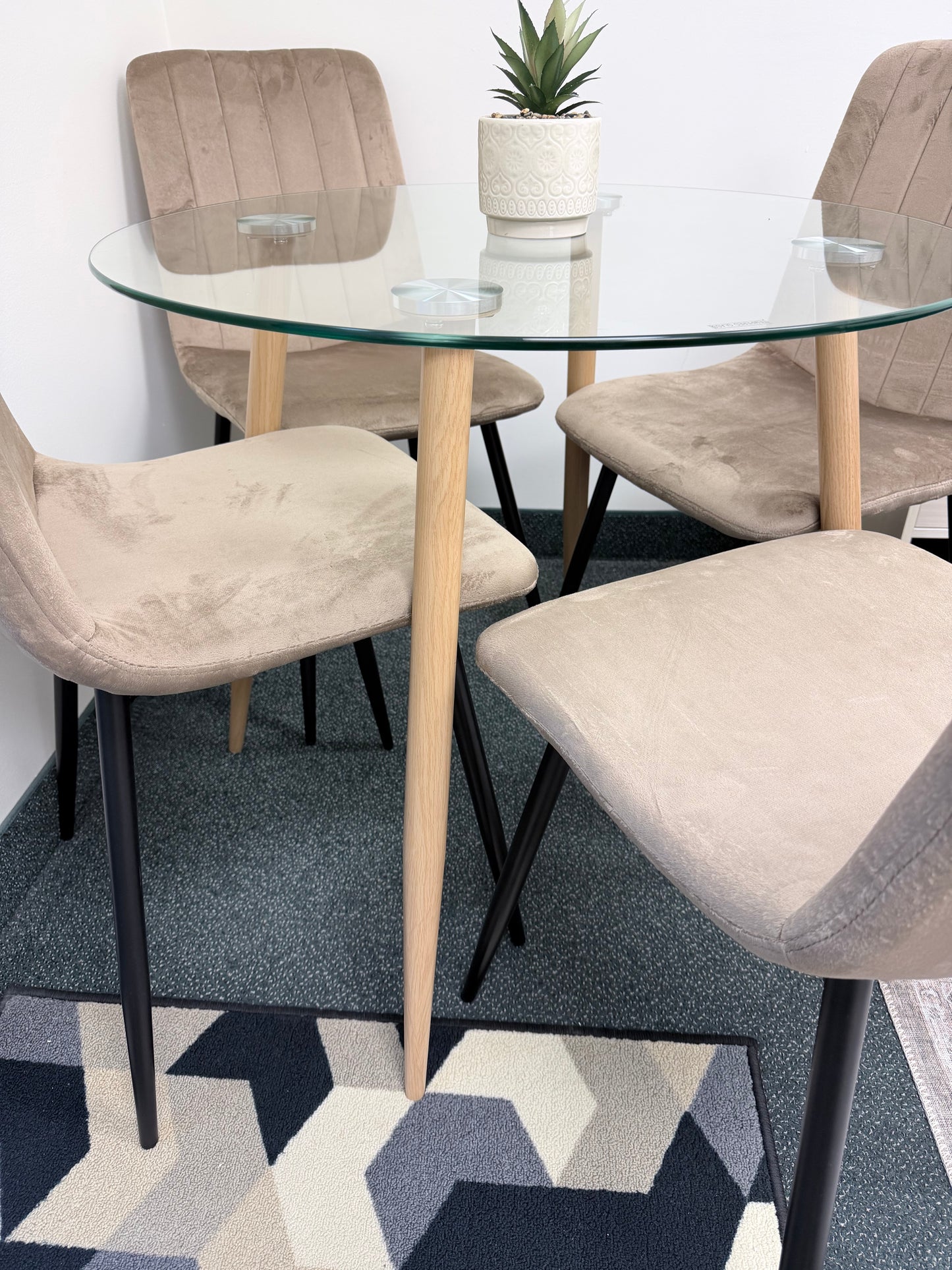 Modern 5-Piece Round Dining Set – Glass Top with Velvet Chairs