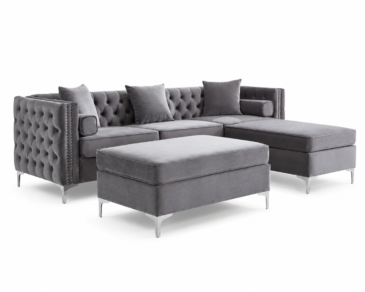 Luxury Grey Velvet Tufted Sectional with Chrome Legs, Grey