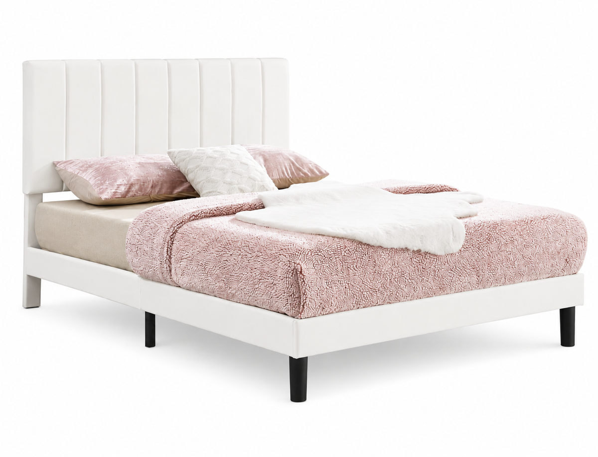 Vertical-Tufted Vegan Leather Upholstered Platform Bed, White