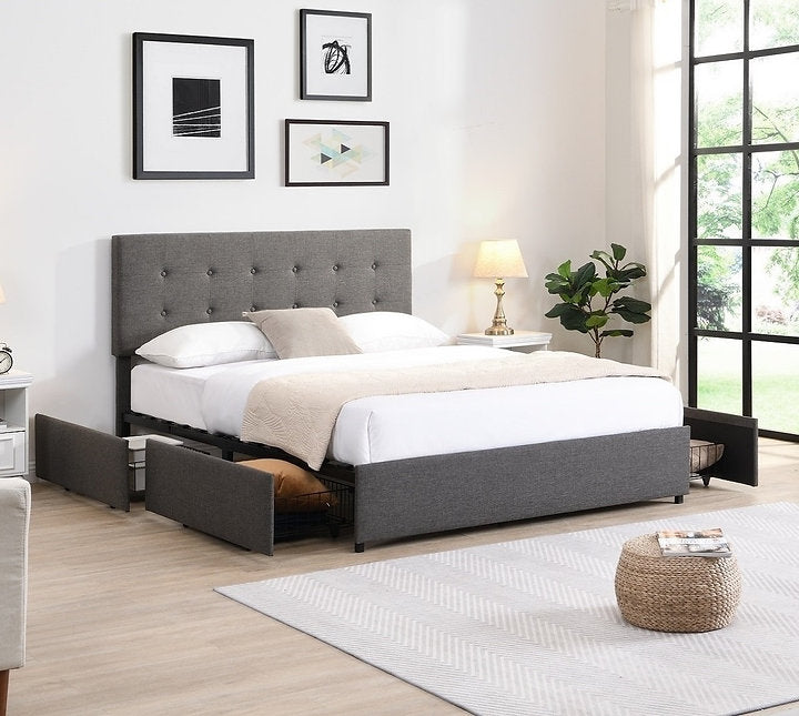 Button Tufted Upholstered Platform Bed with 4 Drawers Storage