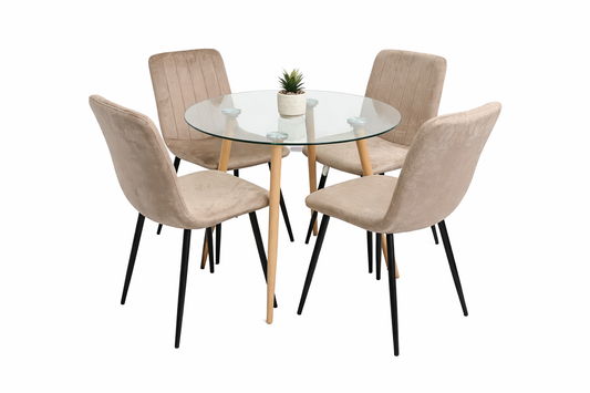 Modern 5-Piece Round Dining Set – Glass Top with Velvet Chairs