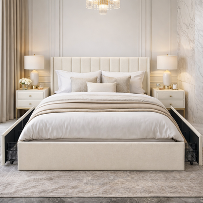 Velvet Wingback Upholstered Platform Bed with Drawer Storage