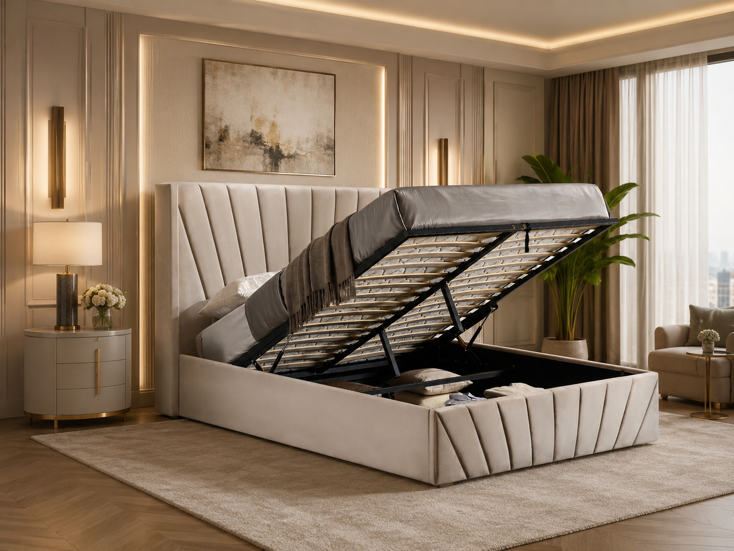 Elevé Velvet Upholstered Lift Up Storage Bed with 56” High Headboard