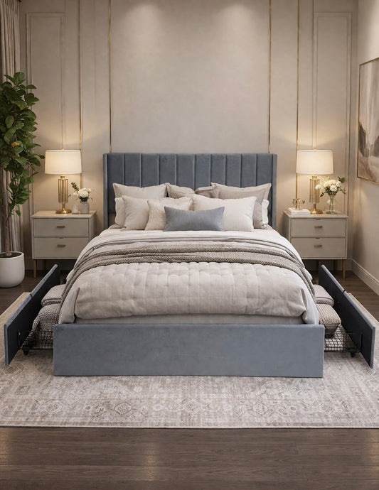 Velvet Wingback Upholstered Platform Bed with Drawer Storage