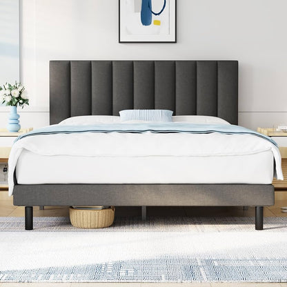 Vertical-Tufted Fabric Upholstered Platform Bed, Grey