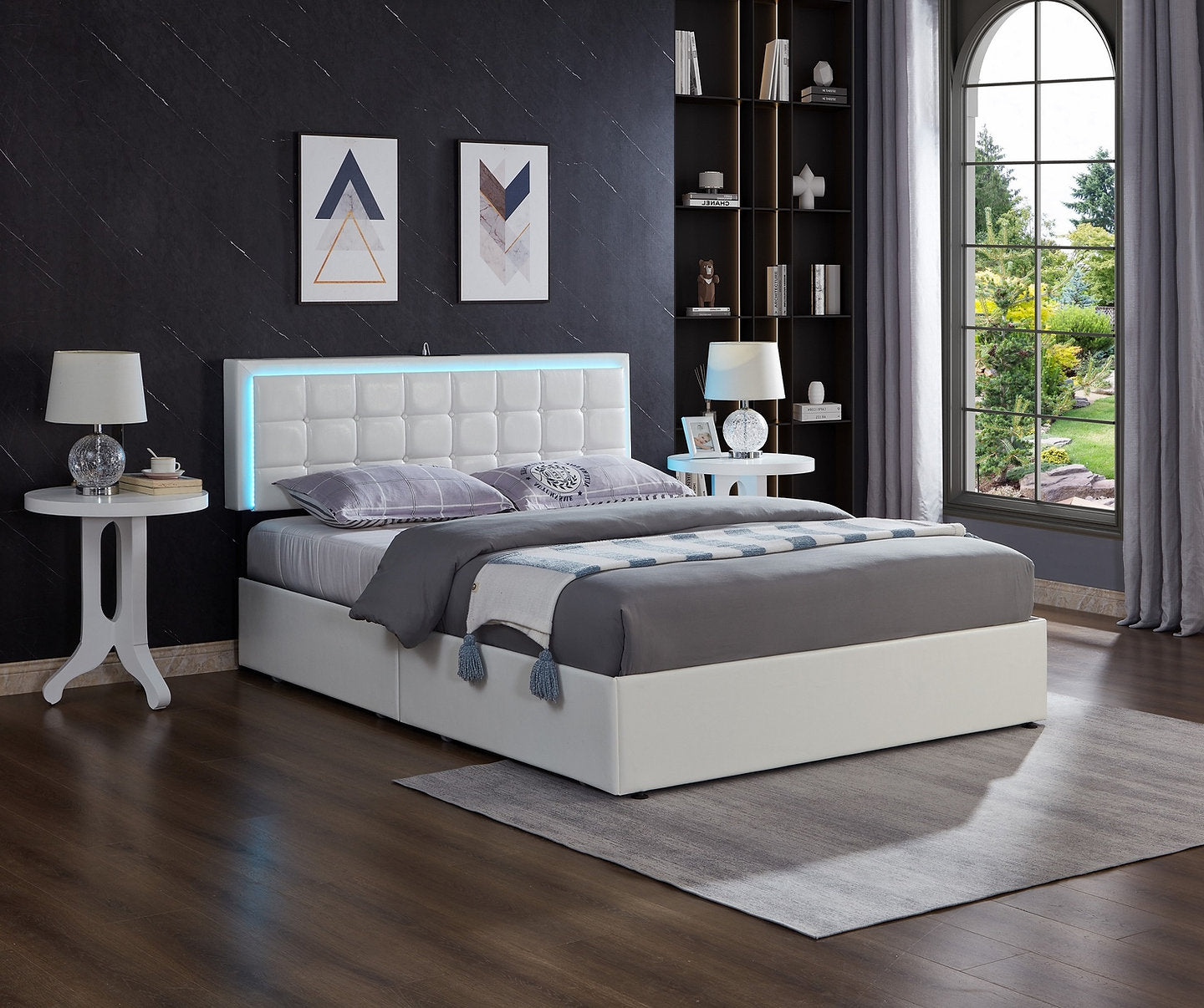 LED Upholstered bed with Charging and 4 Storage Drawers, White