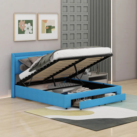 Wingback Upholstered Hydraulic Storage Platform Bed