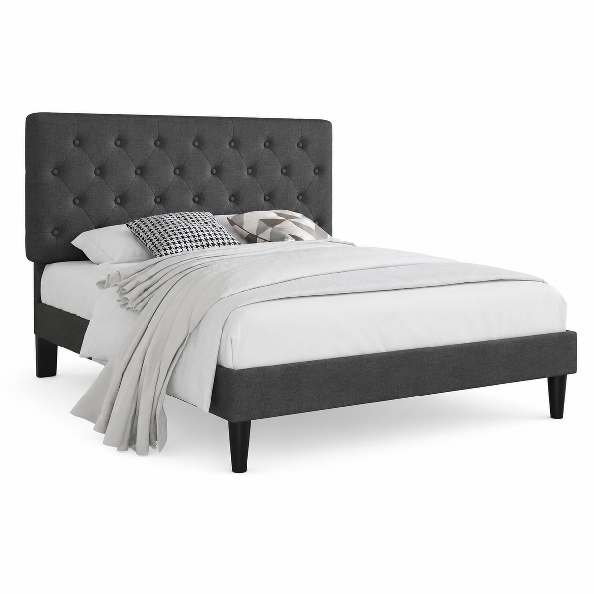Button-Tufted Fabric Upholstered Platform Bed, Grey