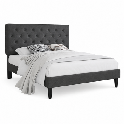 Button-Tufted Fabric Upholstered Platform Bed, Grey