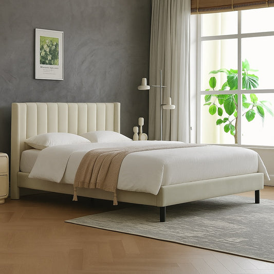 Wingback Velvet Upholstered Platform Bed Frame