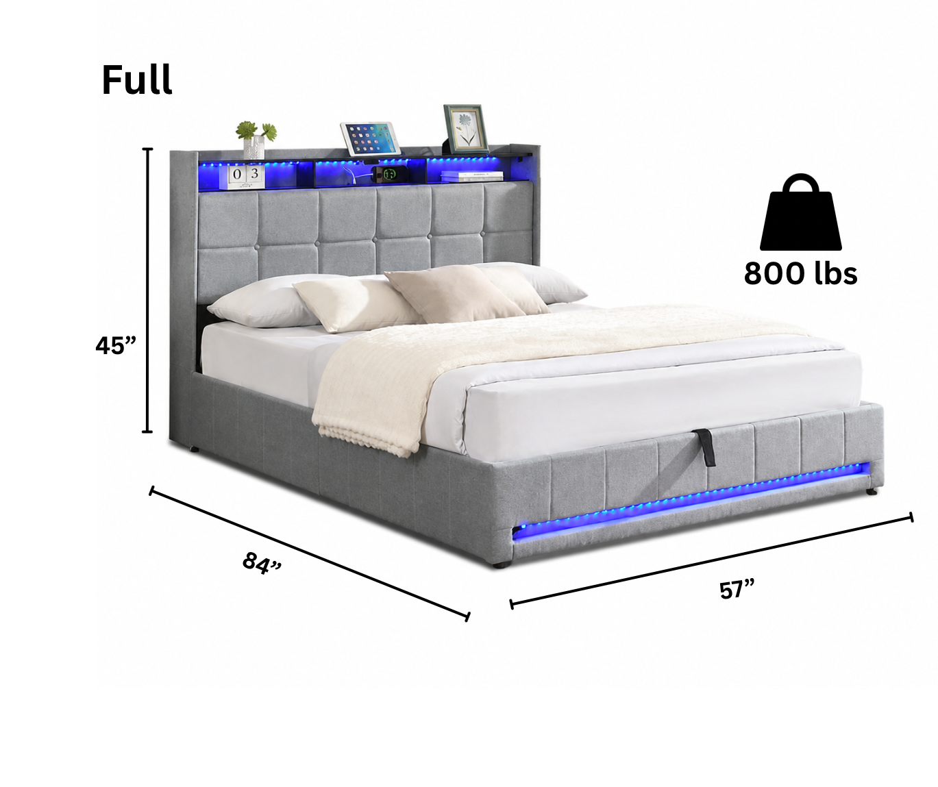 Hydraulic Storage Upholstered Platform Bed with LED, Charging Station