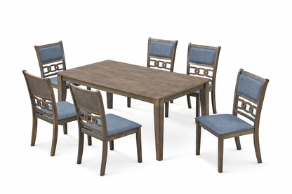 Antique Grey Dining Table with 6 Grey Wooden Fabric Chairs