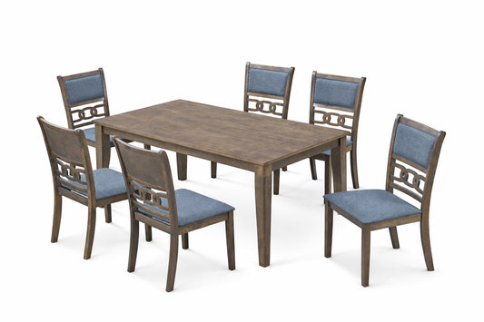 Antique Grey Dining Table with 6 Grey Wooden Fabric Chairs