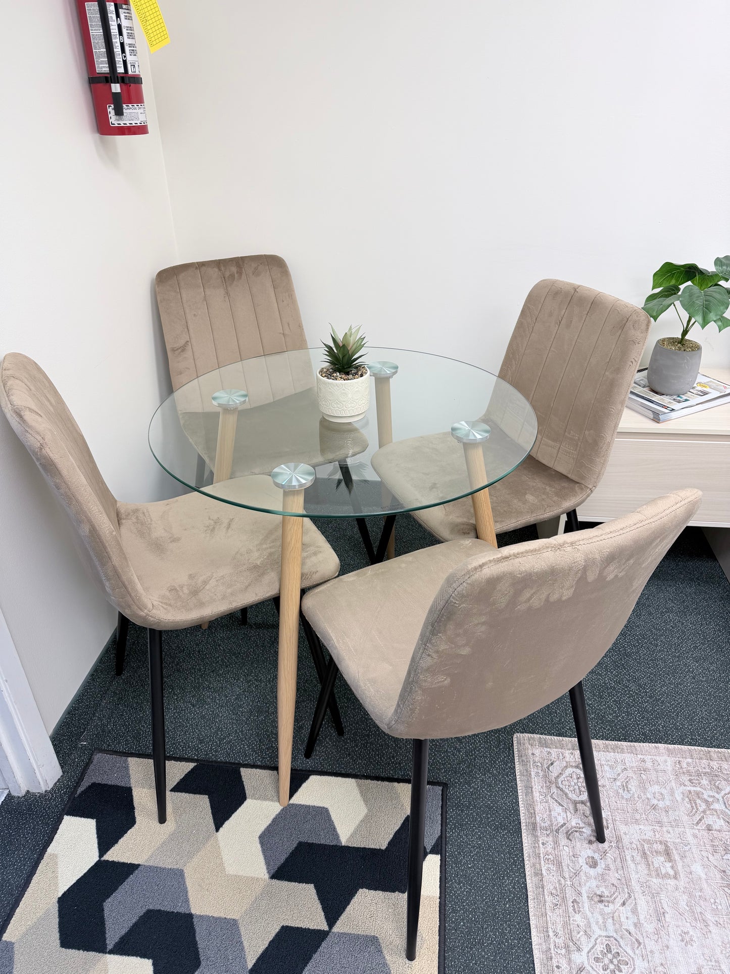Modern 5-Piece Round Dining Set – Glass Top with Velvet Chairs