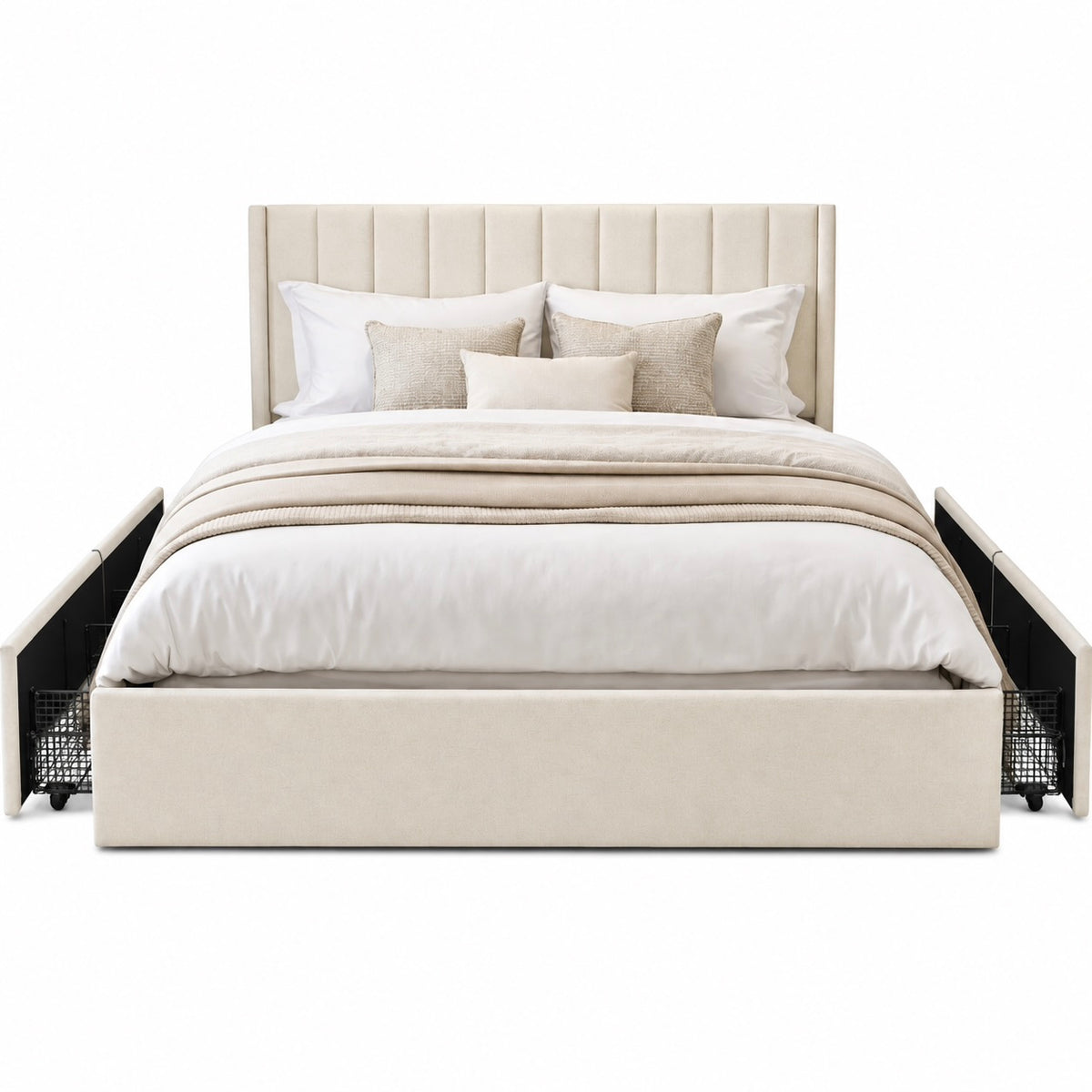 Velvet Wingback Upholstered Platform Bed with Drawer Storage