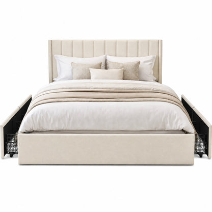 Velvet Wingback Upholstered Platform Bed with Drawer Storage