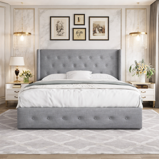 Diamond Tufted Wingback Hydraulic Storage Platform Bed