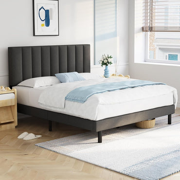 Vertical-Tufted Fabric Upholstered Platform Bed, Grey