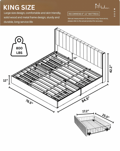 Velvet Wingback Upholstered Platform Bed with Drawer Storage