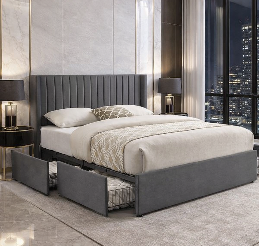 Upholstered Velvet Wingback Storage Platform Bed with 4 Drawers