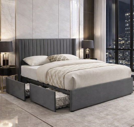Upholstered Velvet Wingback Storage Platform Bed with 4 Drawers