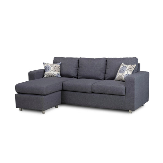 Reversible Sofa Sectional -  Grey Fabric with Chrome Legs & Accent Pillows