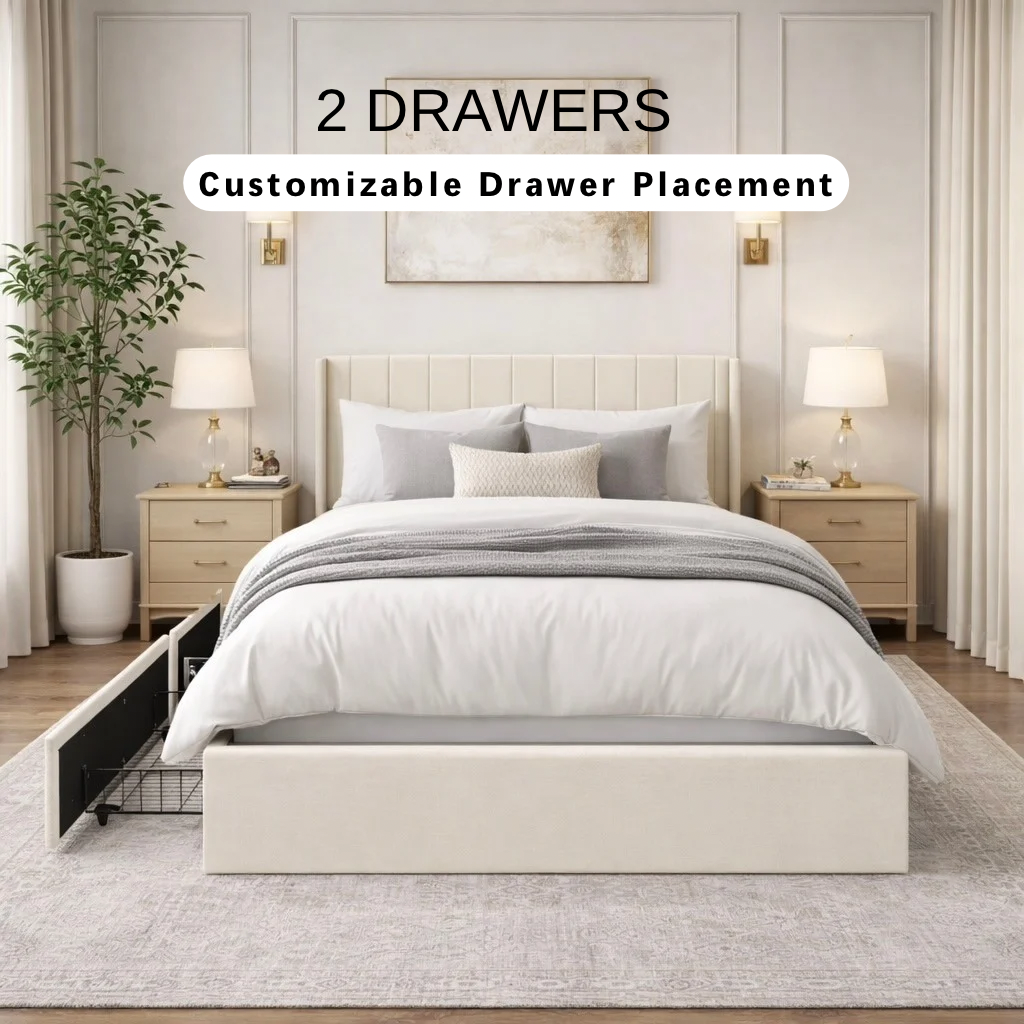 Velvet Wingback Upholstered Platform Bed with Drawer Storage