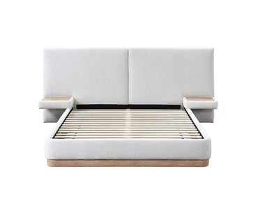 Upholstered Bed with Floating Nightstands, Warm Ivory & Natural Oak