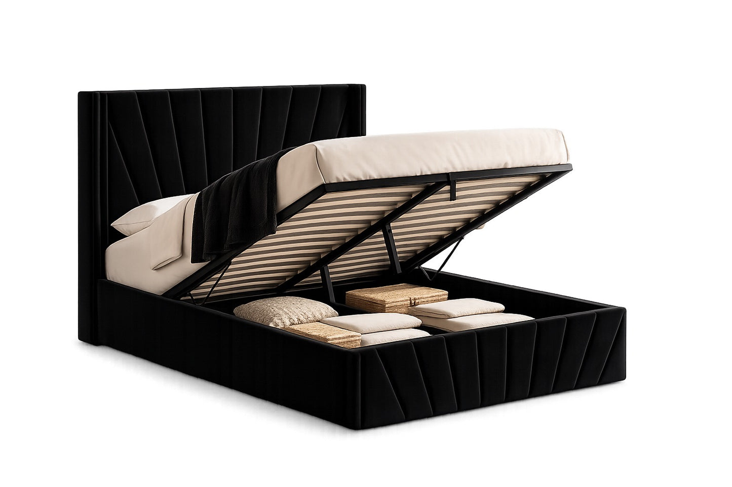 Elevé Velvet Upholstered Lift Up Storage Bed with 56” High Headboard
