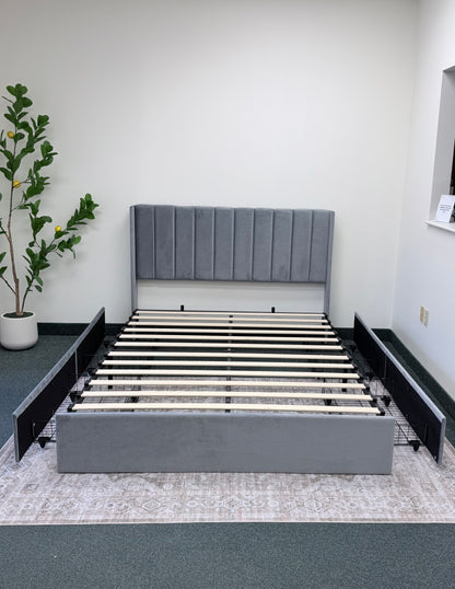 Velvet Wingback Upholstered Platform Bed with Drawer Storage