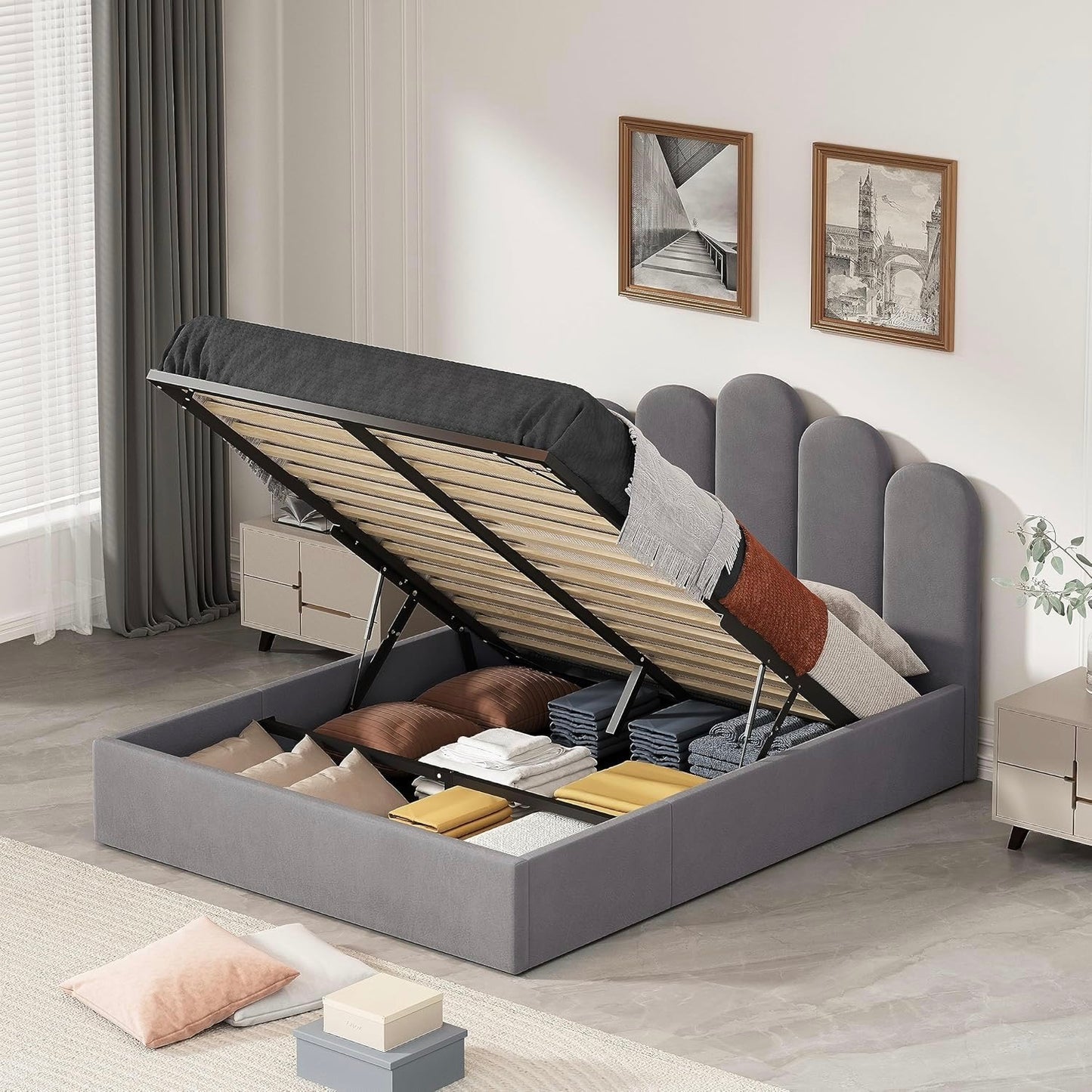 Grey Velvet Hydraulic Storage Platform Bed