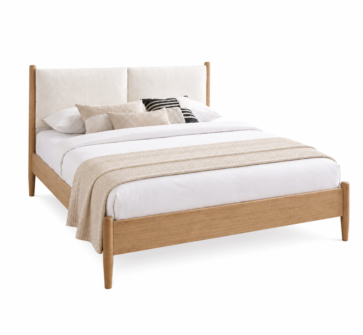 Scandinavian Wood Platform Bed with Upholstered Headboard,Natural Oak