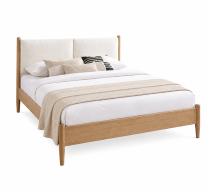 Scandinavian Wood Platform Bed with Upholstered Headboard,Natural Oak