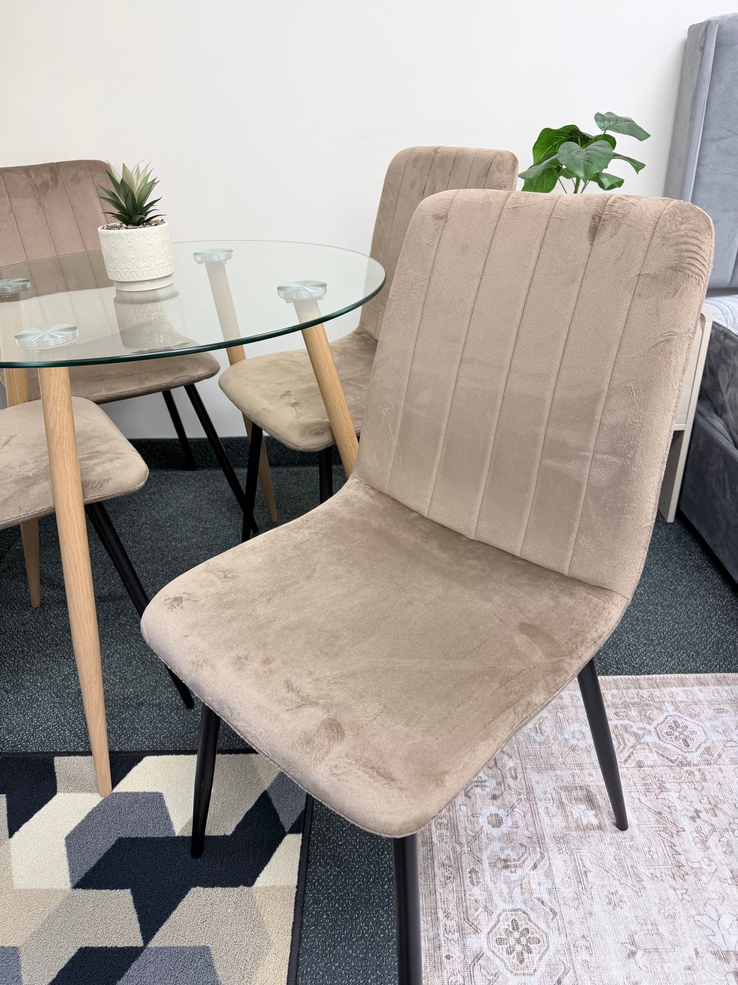 Modern 5-Piece Round Dining Set – Glass Top with Velvet Chairs