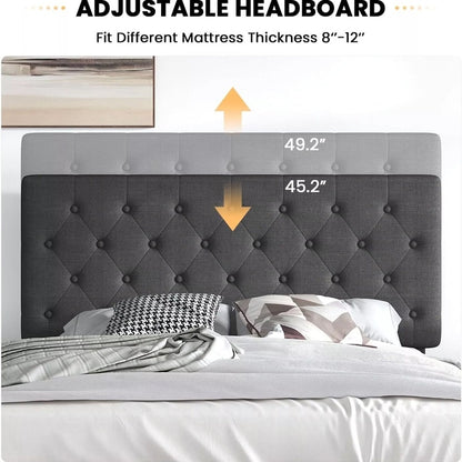 Button-Tufted Fabric Upholstered Platform Bed, Grey