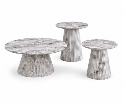 Round Marble-Look Coffee Table Set with Fluted Base – Grey