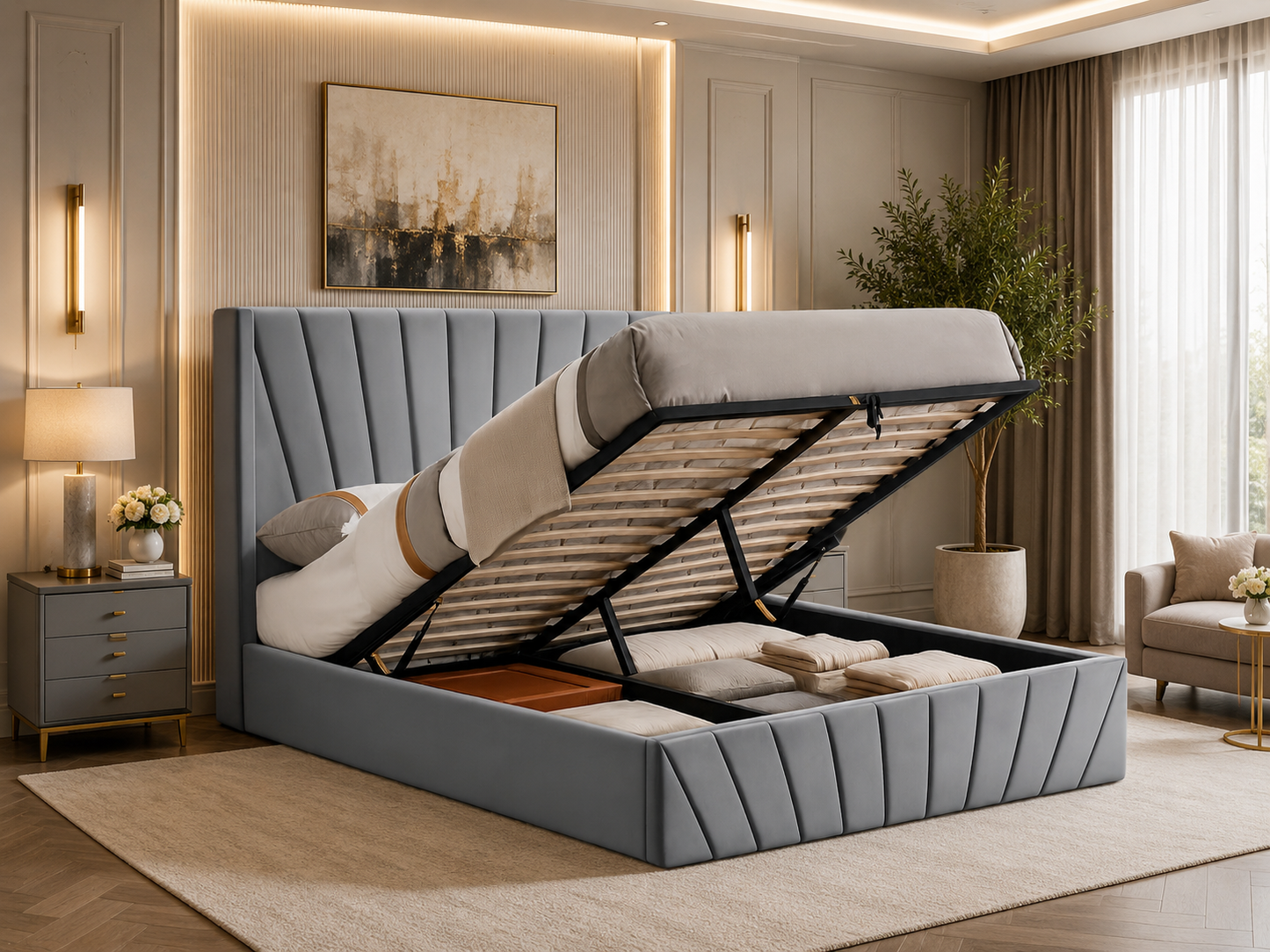 Elevé Velvet Upholstered Lift Up Storage Bed with 56” High Headboard