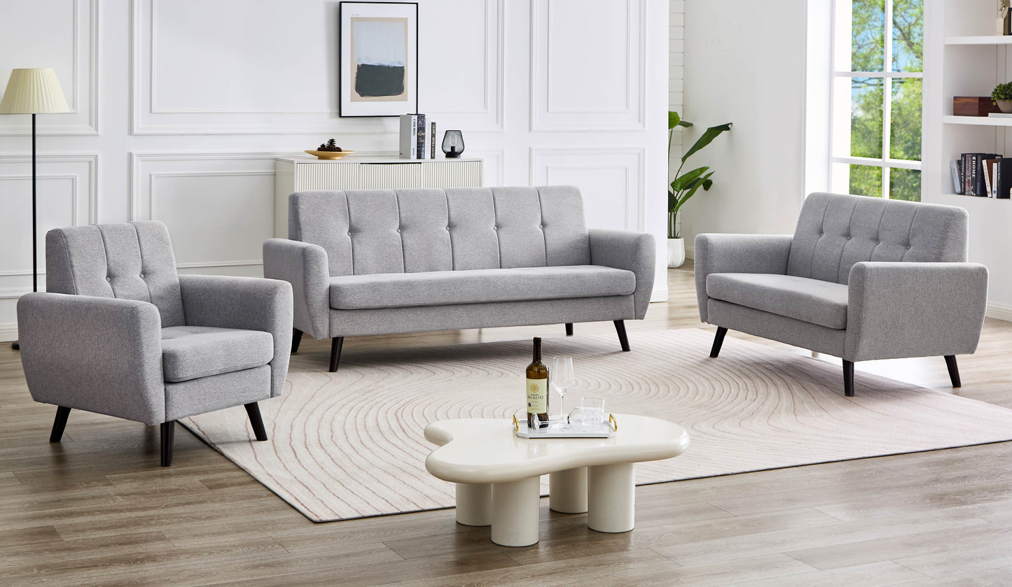 Modern Grey 3-Piece Sofa Set – Tufted Back, Soft Touch Fabric & Solid Wood Legs