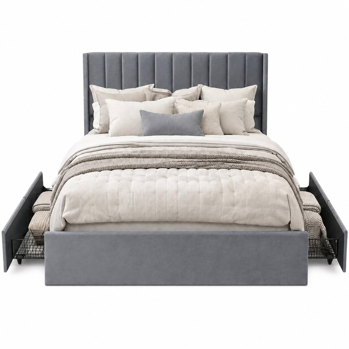 Velvet Wingback Upholstered Platform Bed with Drawer Storage